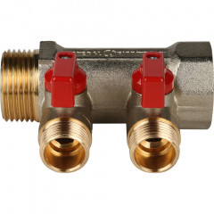 Коллектор с шаровыми кранами STOUT 1"х2х1/2" красные ручки