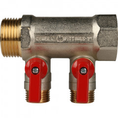 Коллектор с шаровыми кранами STOUT 1"х2х1/2" красные ручки