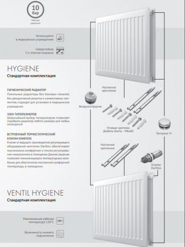 Стальной панельный радиатор Тип 10 Royal Thermo HYGIENE 10-500-1000