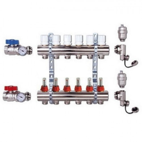 Коллекторная группа TIM 2 выхода KA002 с кранами и расходомерами латунь