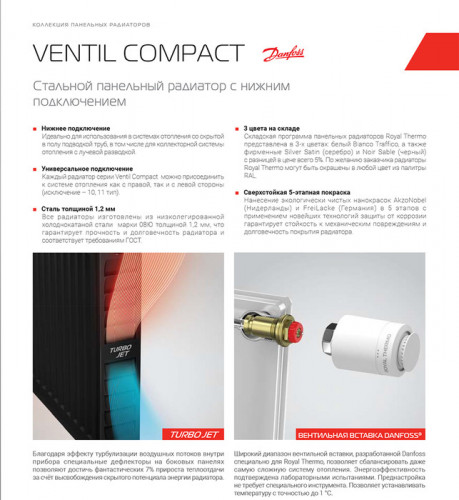 Стальной панельный радиатор Тип 21 Royal Thermo VENTIL COMPACT 21-500-1600