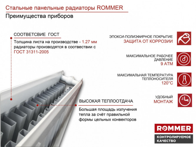 Стальной панельный радиатор Тип 11 Rommer Ventil 11/500/900 нижнее правое подключение
